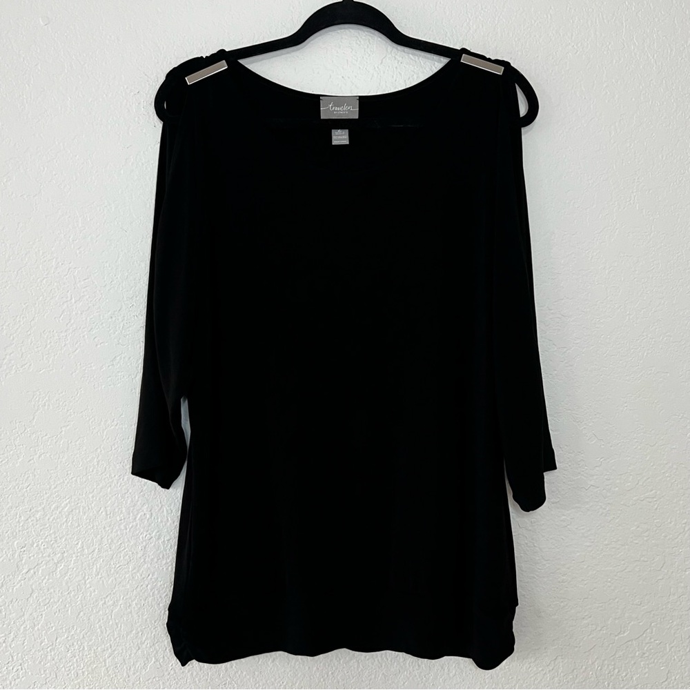 Chico's Travelers Black 3/4 Sleeve Slinky Tunic Top Open Shoulder Womens Large 2